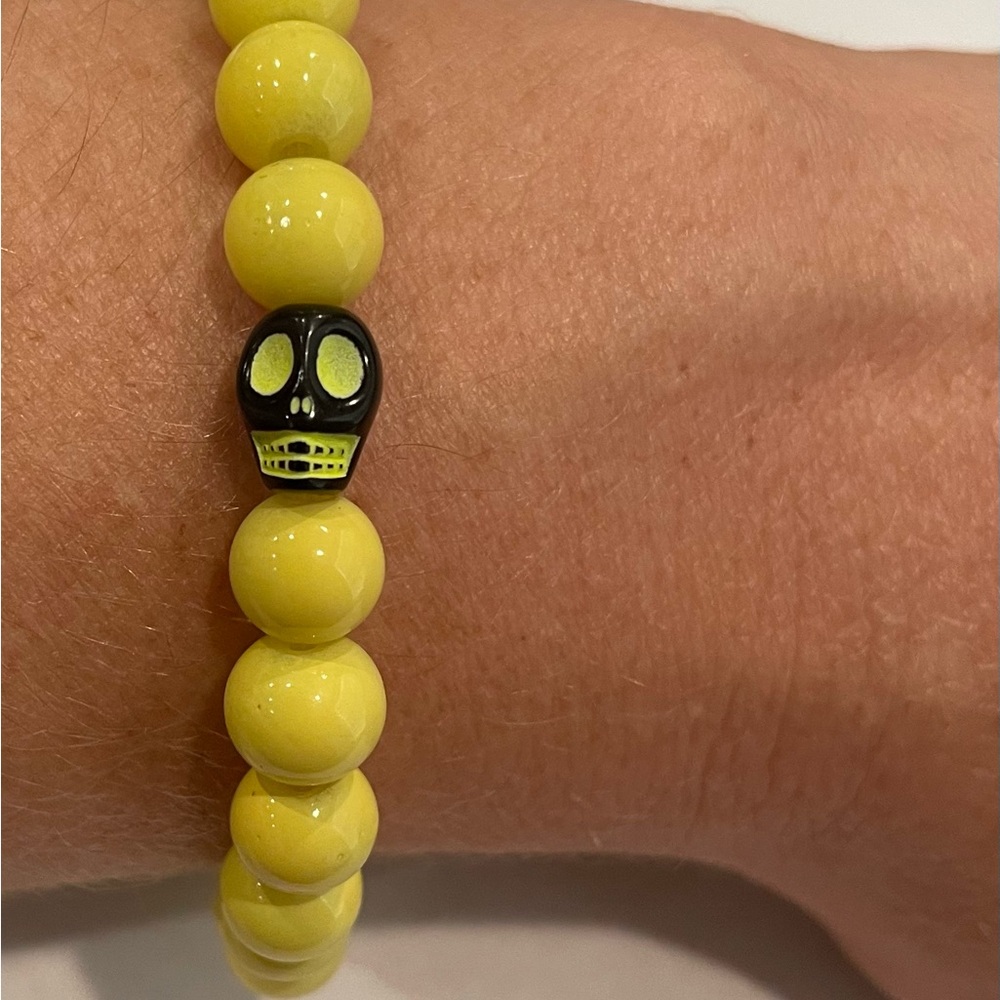Yellow Glass Beaded Bracelet with Skull Accent